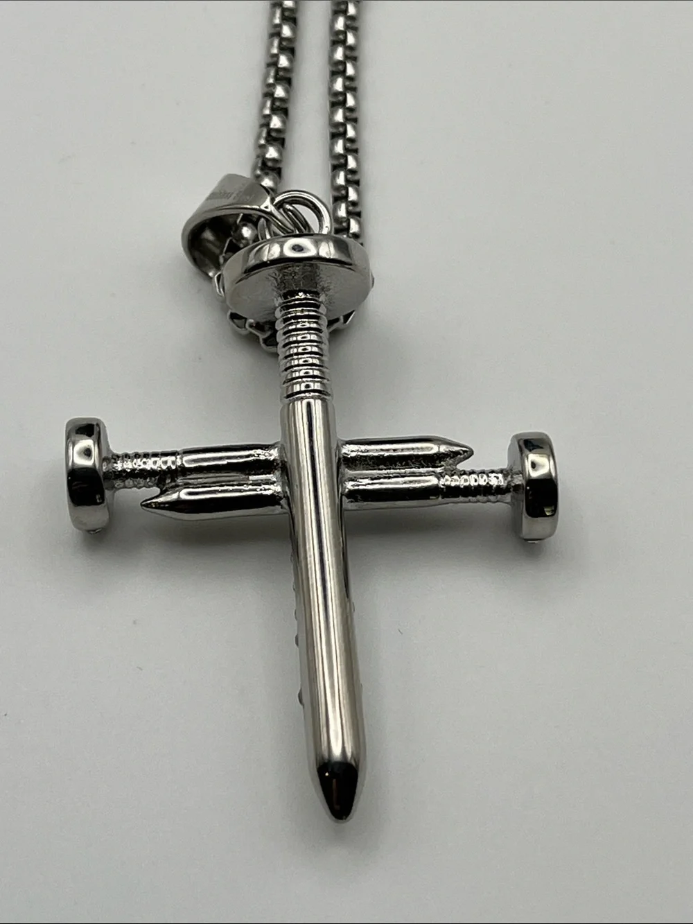24”, Stainless Steel Crystal Nail Cross Pendant Necklace - Unbranded